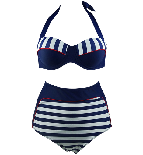 Cocoship Retro Navy Blue Stripe Bikini Swimsuit Swimsy